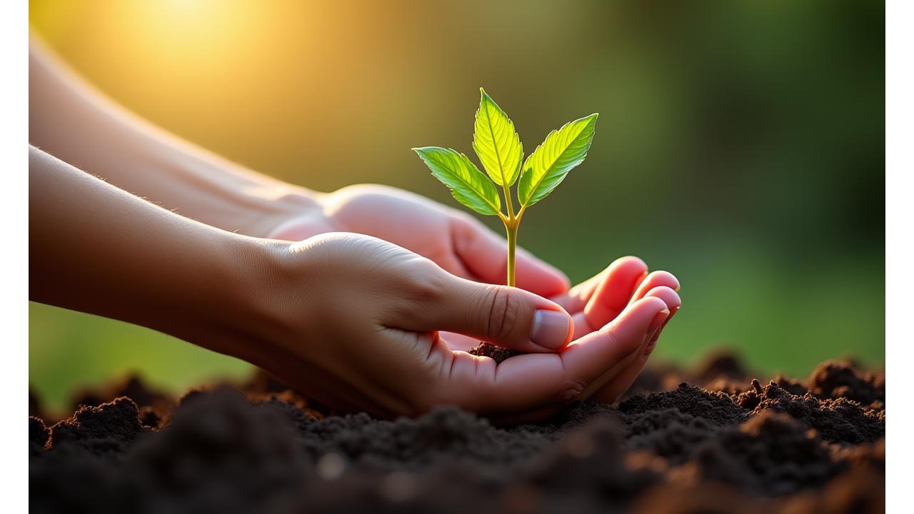A serene hand holding a new seedling, symbolizing growth and personalized care.