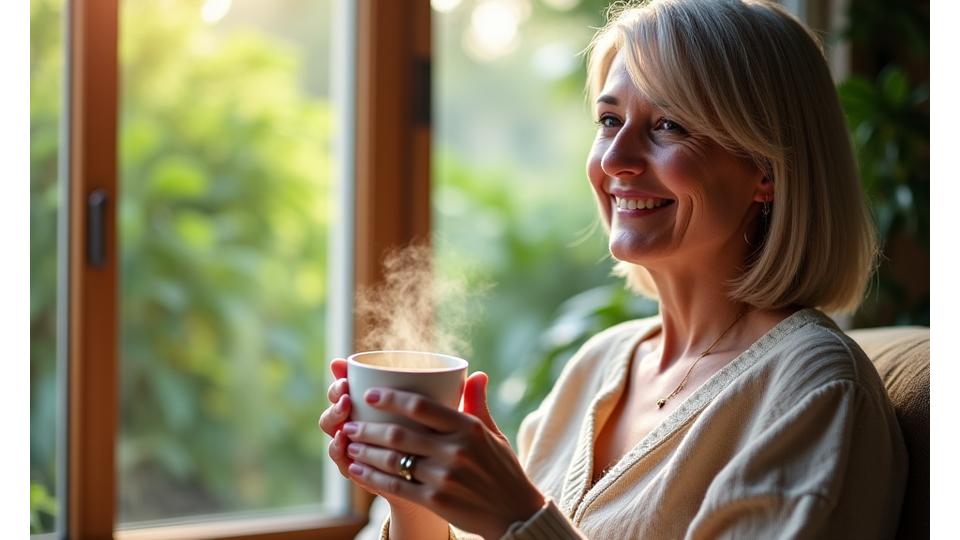 Woman enjoying a cup of herbal tea in a sunlit, green setting