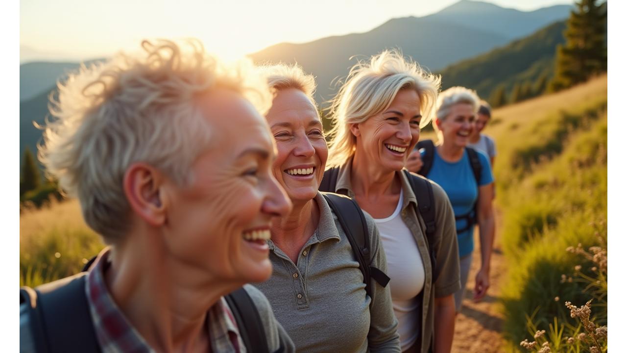 Group of vibrant, active adults 60+ engaging in joyous outdoor activities like hiking and laughing together, embodying vitality and connection