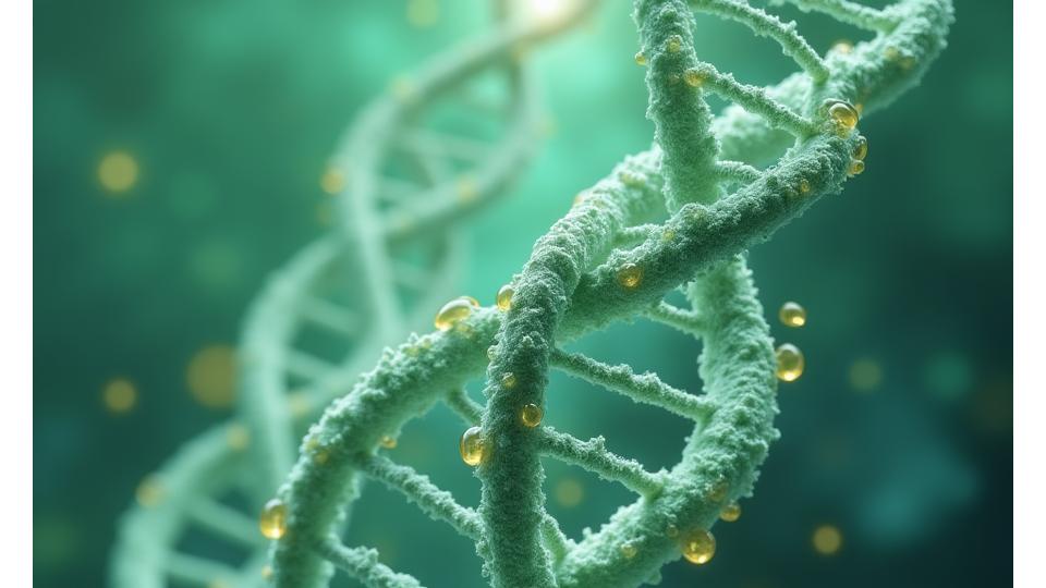 Microscopic view of healthy DNA strands and cellular structures, representing cellular longevity and biological research