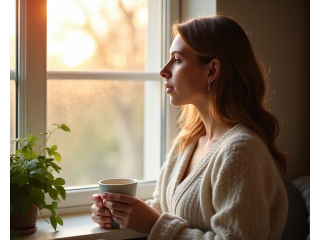 Woman practicing a calm morning routine with a cup of tea by a window