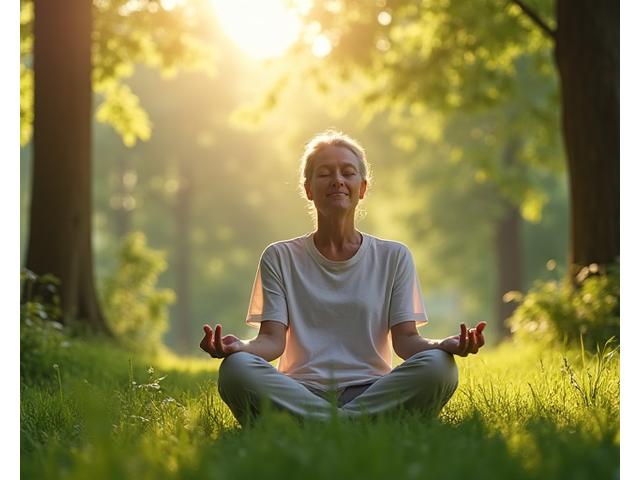 Person meditating in a serene outdoor setting, representing stress management