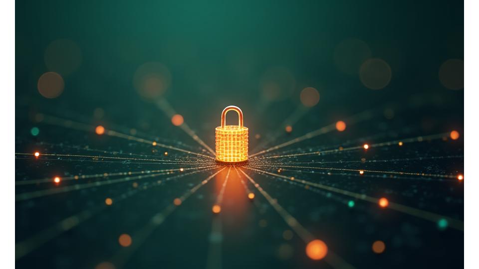 Illustration of a padlock and interconnected data nodes, with a vibrant, secure glow, signifying robust data security and privacy measures.