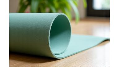 Premium eco-friendly yoga mat unrolled with a calm background.