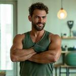 A male fitness coach in athletic wear demonstrates a gentle stretch, looking encouragingly at the camera in a modern home gym setup.
